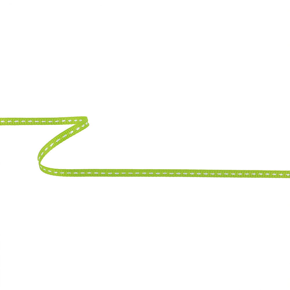Lime Green Grosgrain Ribbon with Bright White Stitching - 0.25