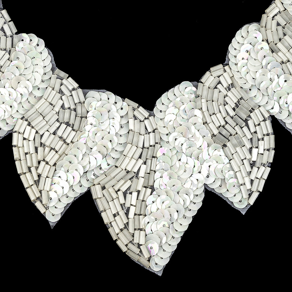 Vintage Fancy White Sequins and Bugle Beaded Neckline Applique - 7.625