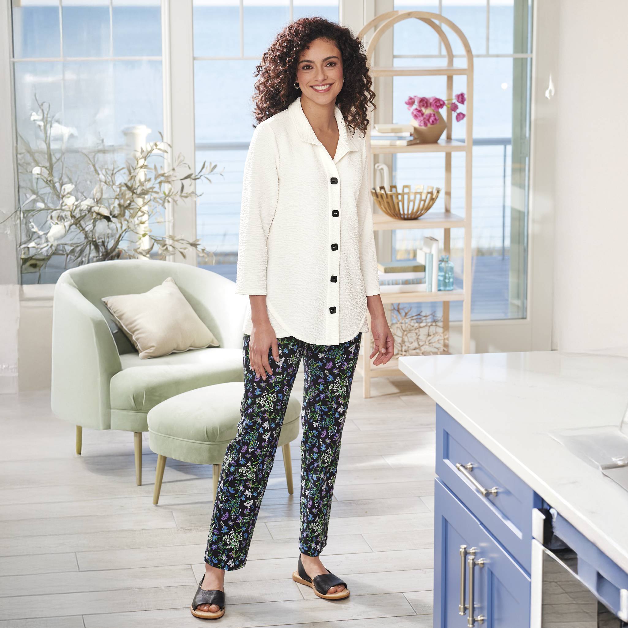 Tulip-Hem Textured Knit Shirt, Button Front, 3/4 Sleeves - Northstyle Catalog