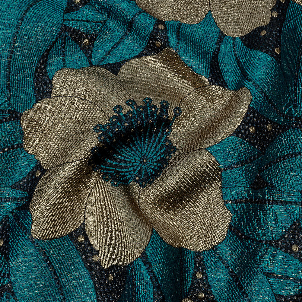 Metallic Gold, Teal and Navy Tropical Flowers Luxury Brocade - Joann Fabrics