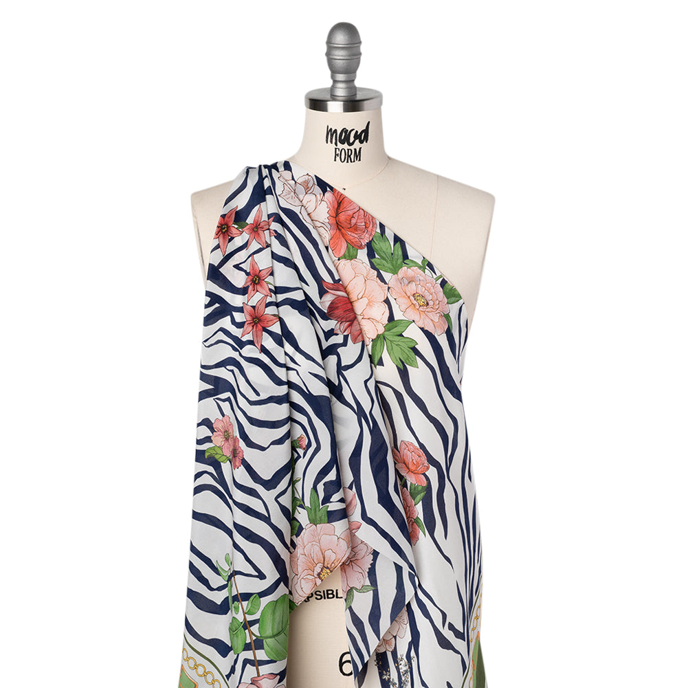Silk Crepe de Chine Print Made in Italy - Navy, Pink and Green Zebra Stripes, Flowers and Chain Borders - Deadstock - Joann Fabrics