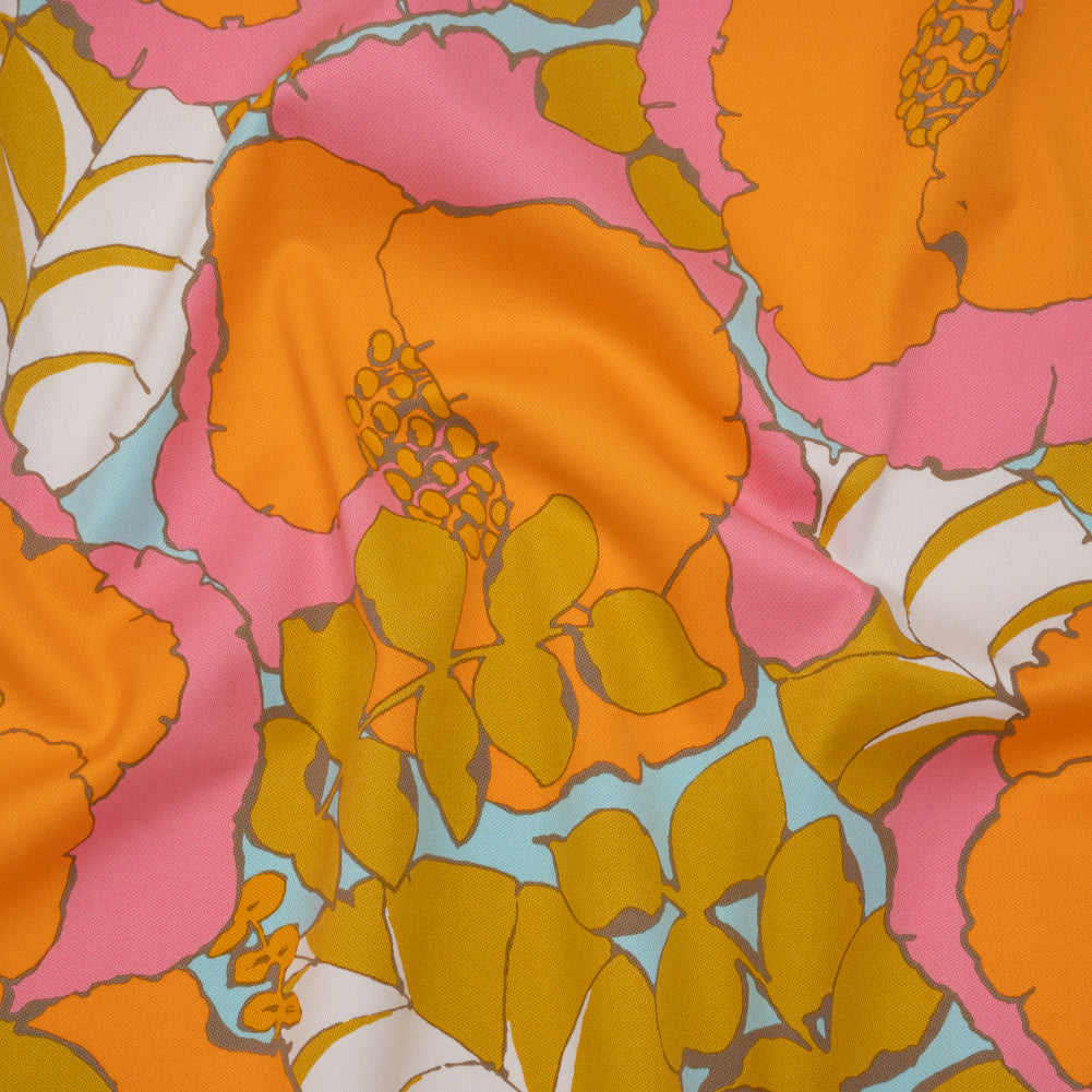 Stretch Cotton Broken Twill Print by Trina Turk - Pink, Orange and Sky Blue Floral - Designer Deadstock - Joann Fabrics