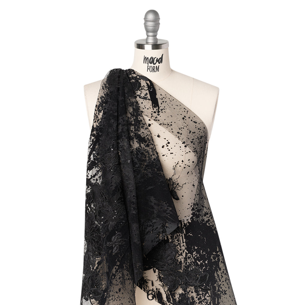 Embroidered Abstract Flocked Tulle with Baby Sequins - Black Floral - Joann Fabrics