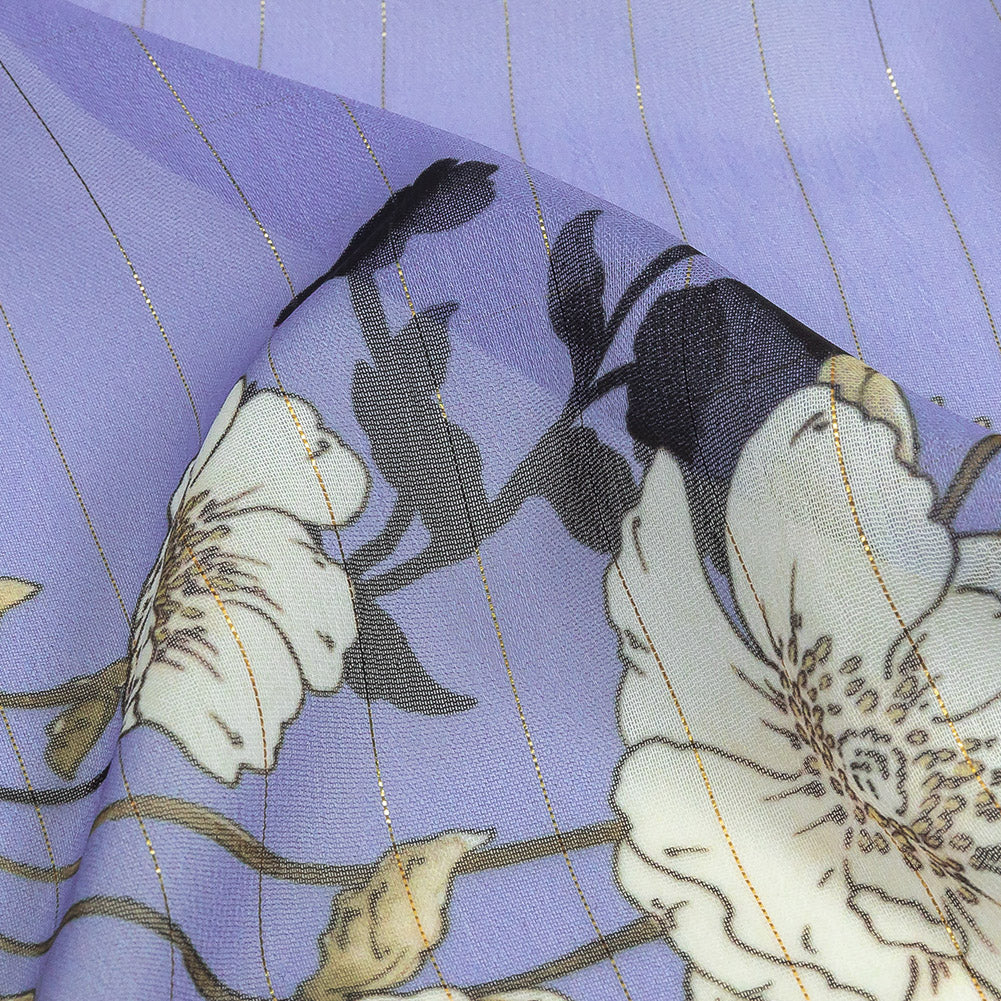 Polyester Chiffon Print with Metallic Pinstripes - Lavender and White Floral - Mood Exclusive Ornamental Orchestra - Joann Fabrics
