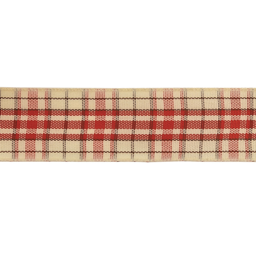 Mars Red, Brown and Vanilla Ice Plaid Woven Ribbon - 1