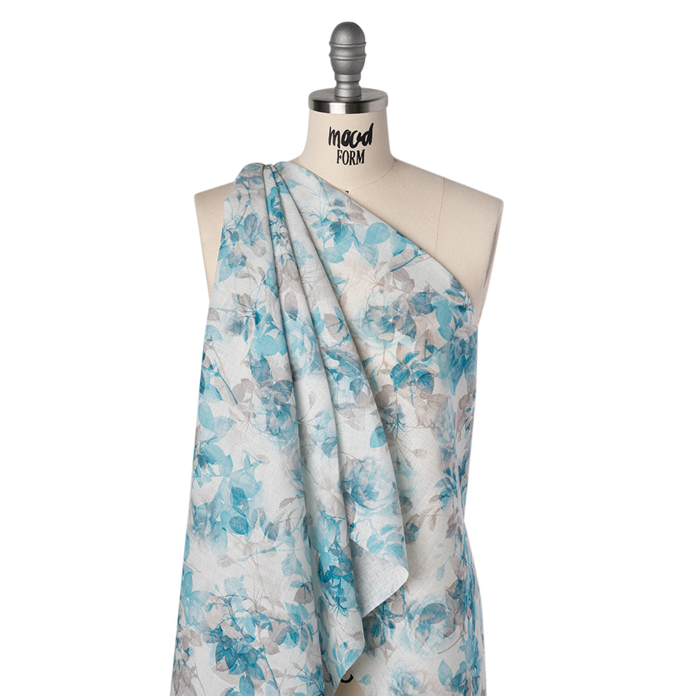 Medium Weight Linen Woven Print - Aqua and Gray on White Airy Leaves - Joann Fabrics