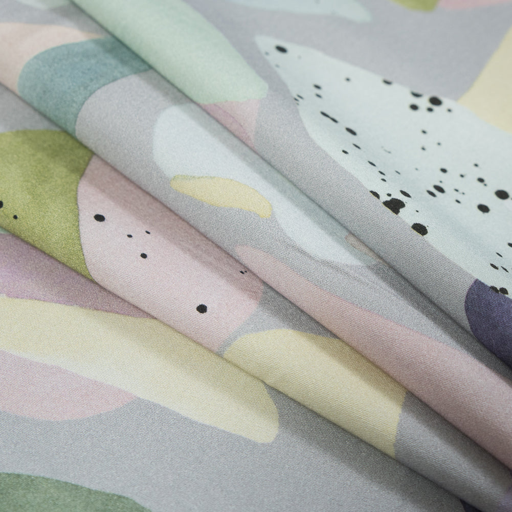 Stretch Cotton Sateen - Silver and Multicolor Abstract Spots - Dappled Duende Print - Mood Exclusive Avenable Collection - Joann Fabrics
