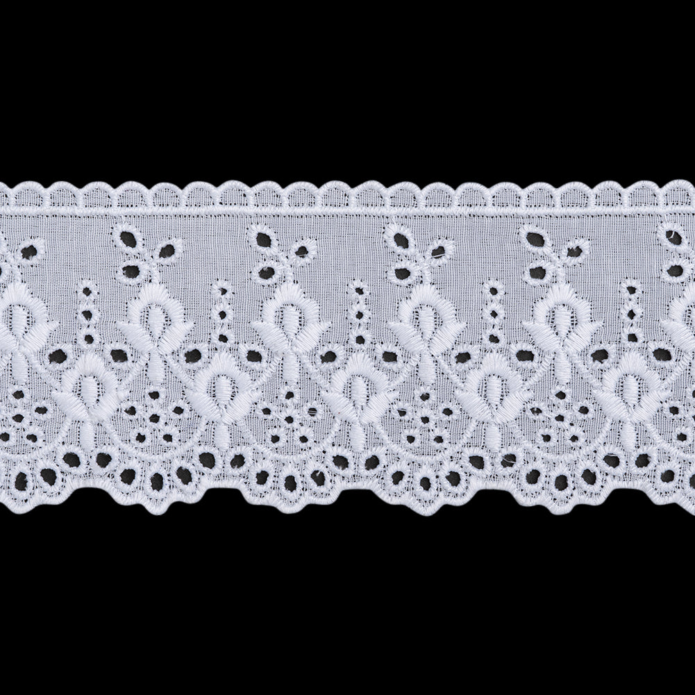 Cotton and Polyester Embroidered Eyelet Lace Trim with Scalloped Edges - 2.5