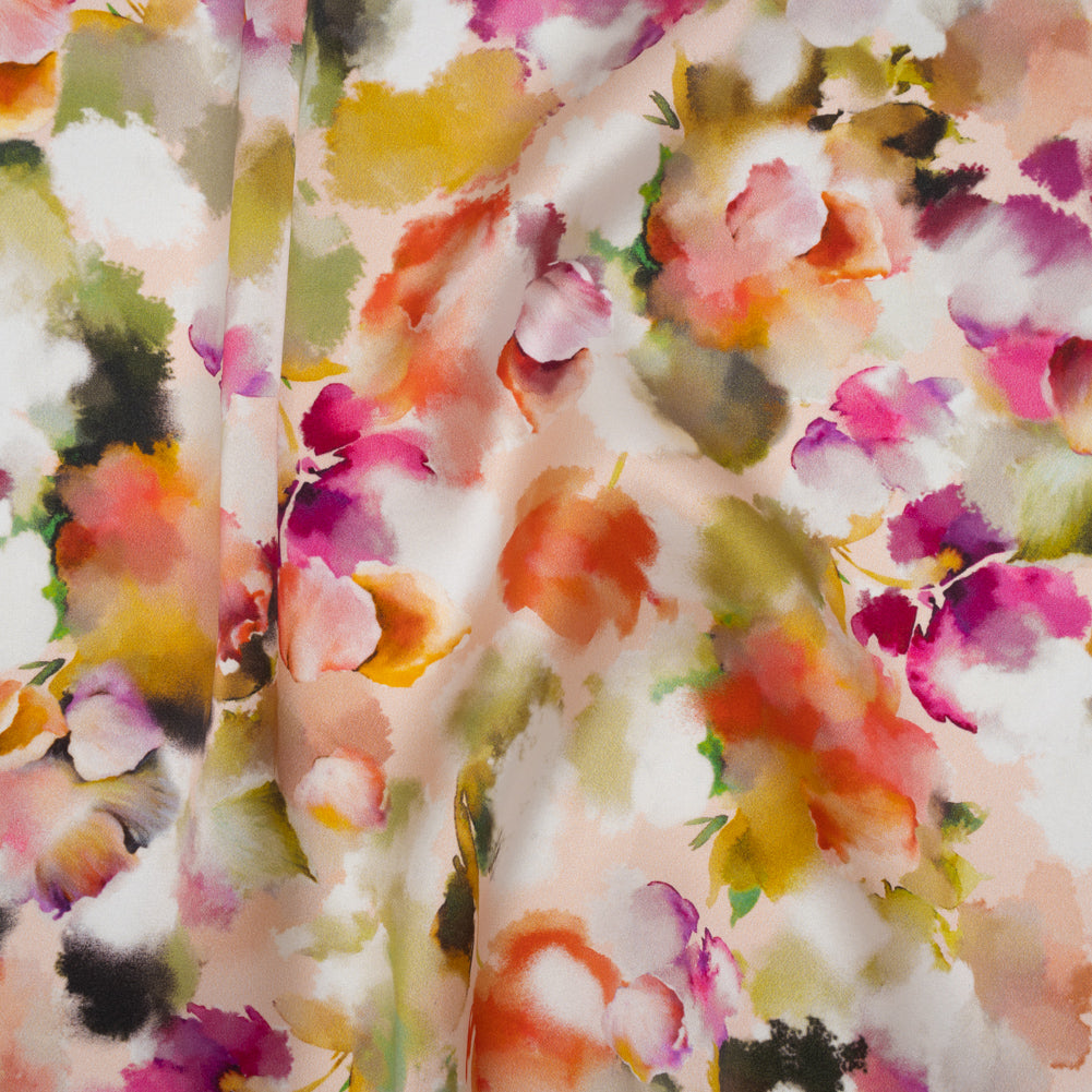 Silk Charmeuse Print 16MM, Made in Italy - Peach, Olive Green and Fuchsia Abstracted Watercolor Flowers - Joann Fabrics