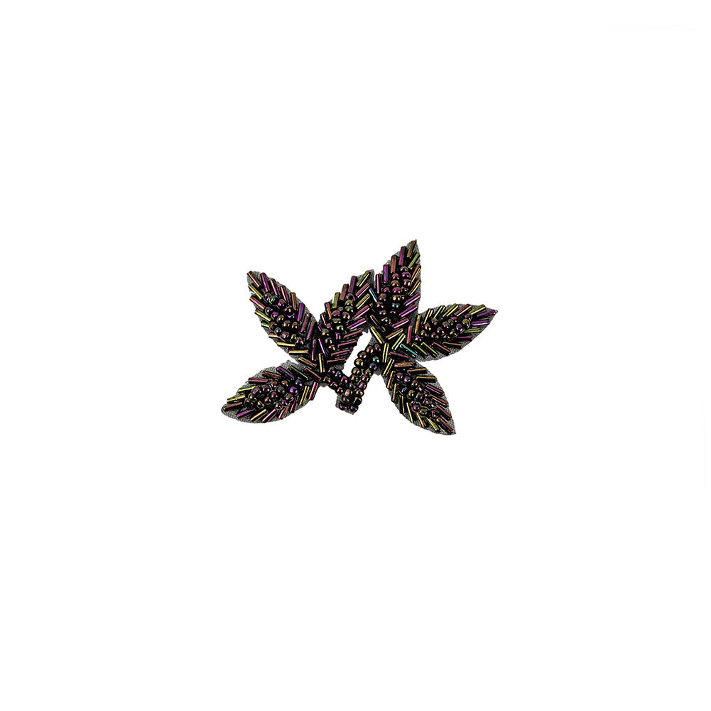 Vintage Purple Iris Bugle and Seed Beaded Foliage Applique - 2.25