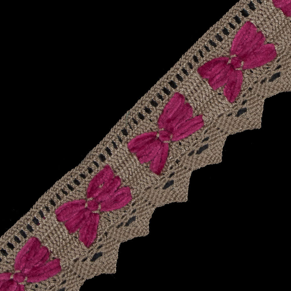Beige and Fuchsia Crochet Chenille Trim - 1.5