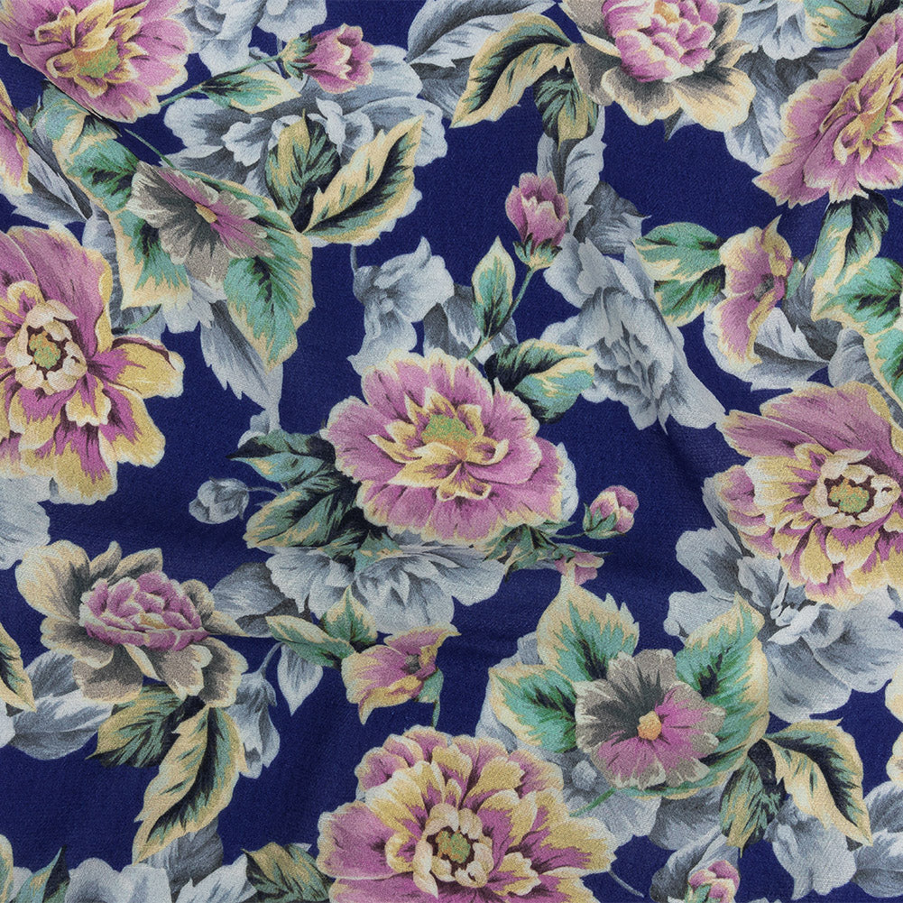 Gauzy Viscose Crepe Print - Royal Blue, Pink and Yellow Floral - Mood Exclusive Antique Rose Petals - Joann Fabrics
