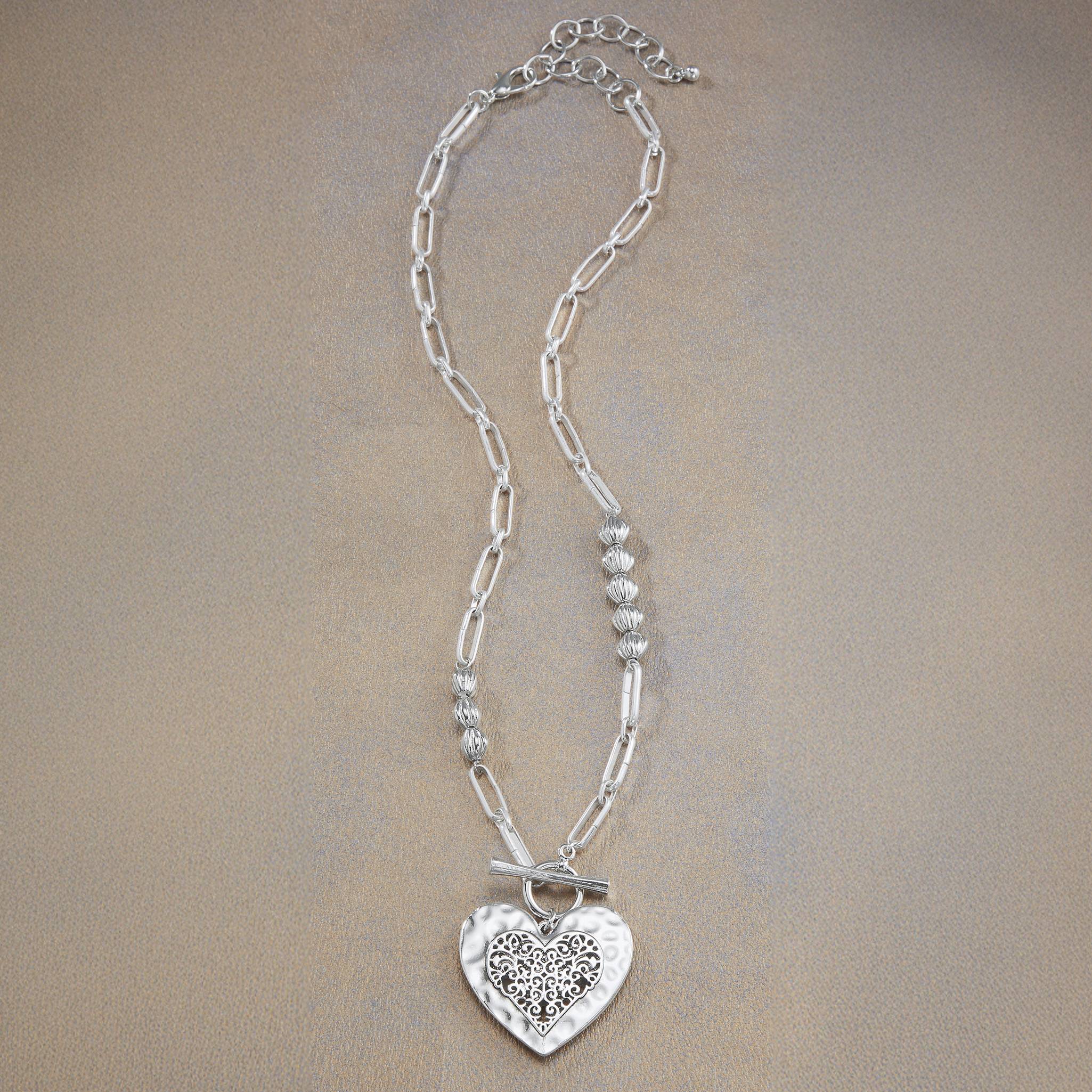 Heart Toggle Necklace, Beaded Link Chain, Silvertone - Northstyle Catalog