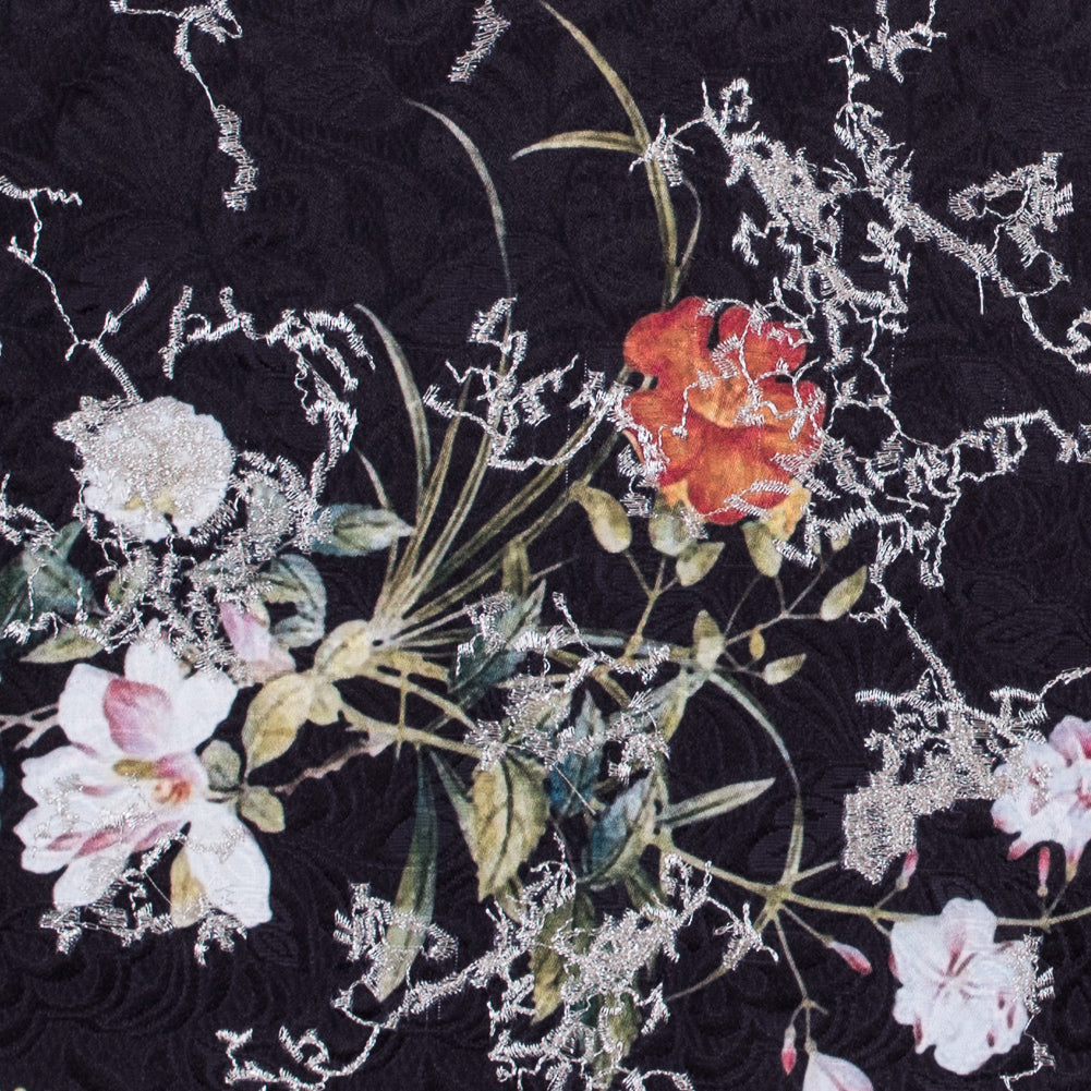 Floral Digitally Printed Butterfly Jacquard with Silver Metallic Embroidery - Joann Fabrics