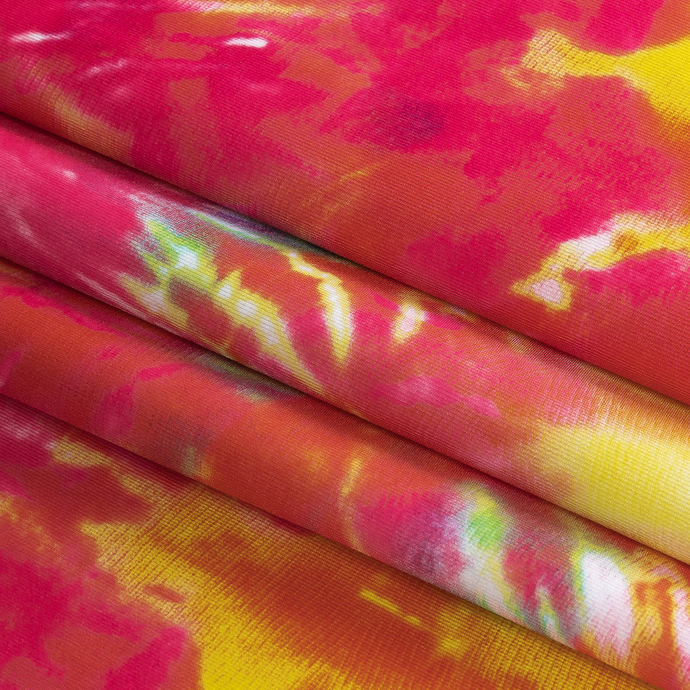 Compression Swimwear Tricot, UV Protective with Aloe Vera Microcapsules - Yellow and Pink Splash Tie Dye - Caye Collection - Joann Fabrics