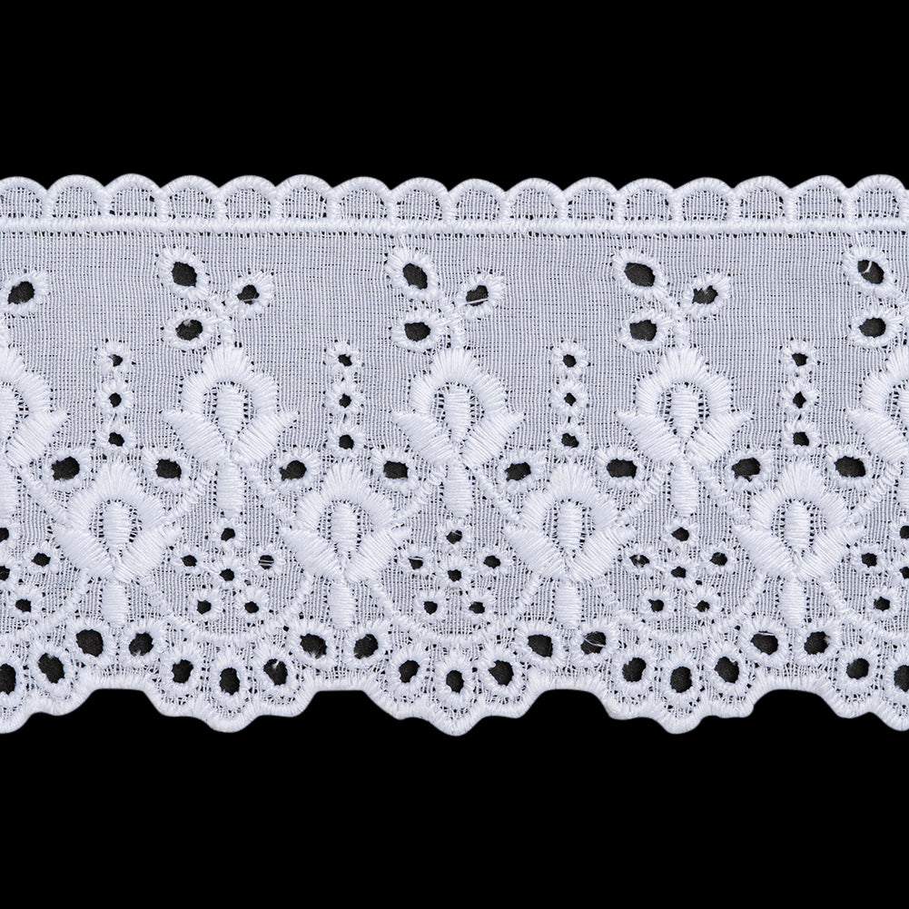 Cotton and Polyester Embroidered Eyelet Lace Trim with Scalloped Edges - 2.5