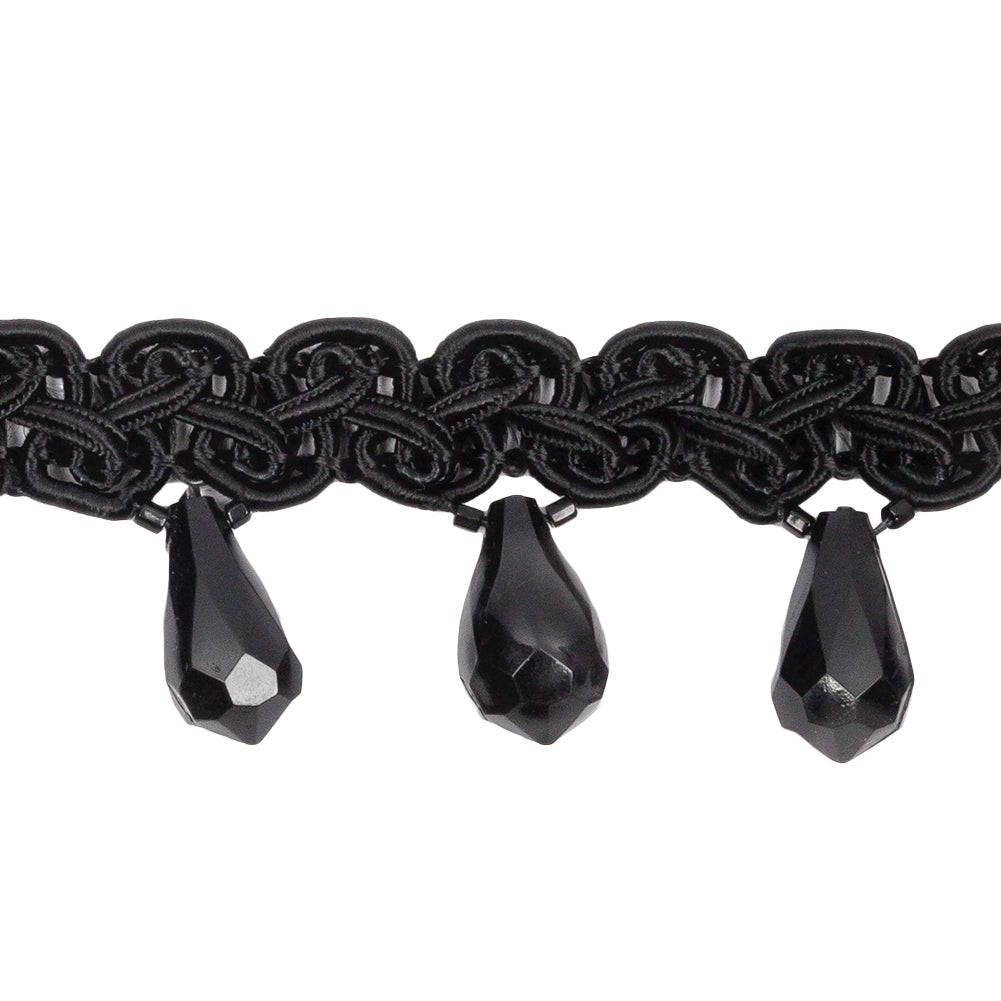 Vintage Black Faceted Teardrop Bead Fringe on Black Gimp Braided Trim - 1.125