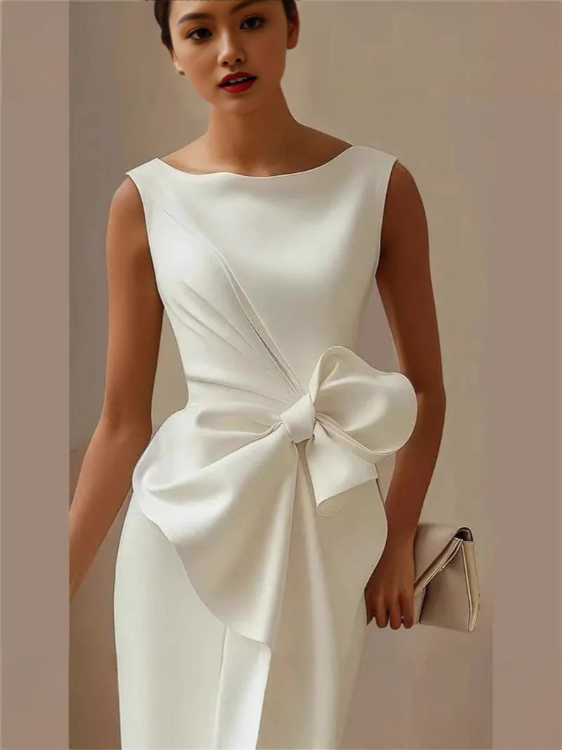 Solid Color Bow Decoration Round Neck Sleeveless Knee-Length Mini Dress