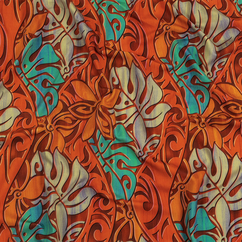 Orange and Turquoise Art Nouveau Leaves UV Protective Compression Swimwear Tricot with Aloe Vera Microcapsules - Joann Fabrics