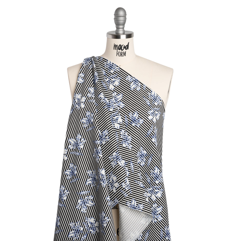 Stretch Rayon and Polyester Twill - Black, White and Blue Flowers over Stripes - Deadstock - Joann Fabrics