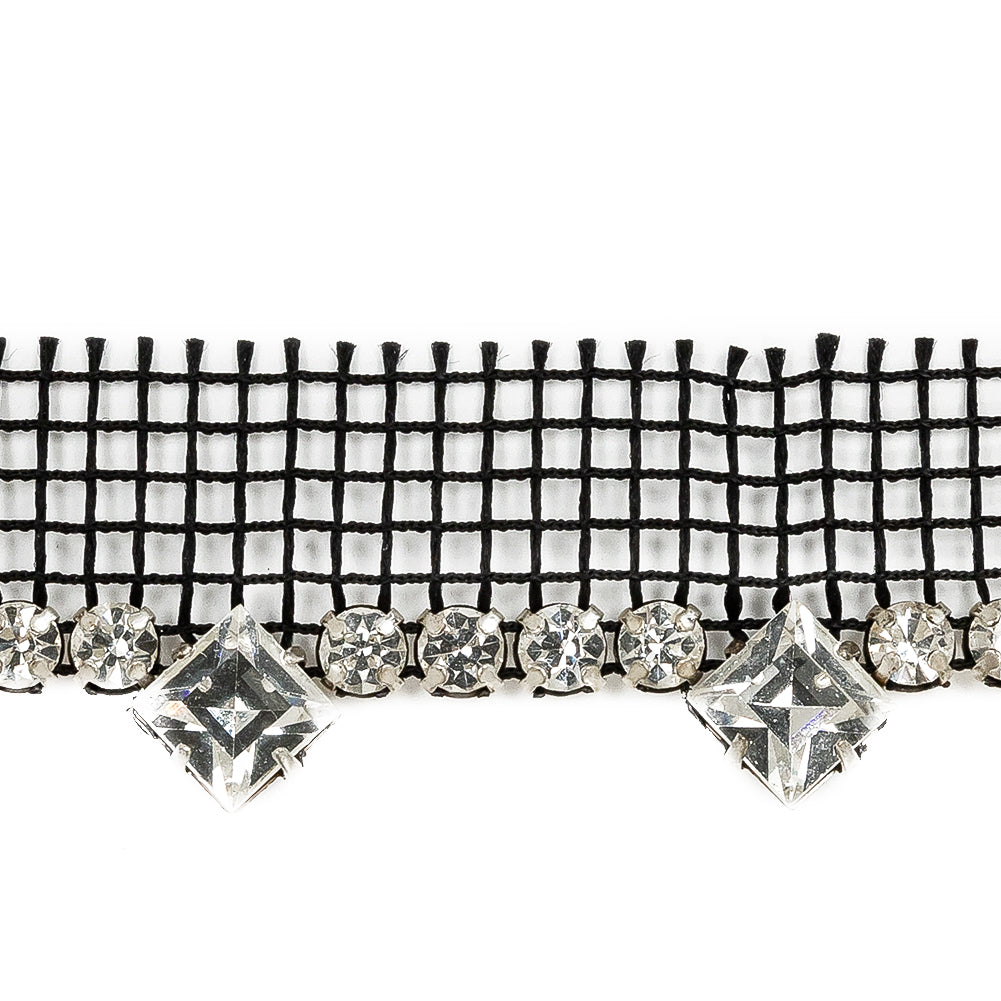 Vintage Crystal and Silver Circular Rhinestone Trimming on Black Mesh with Triangular Rhinestone Fringe - 1