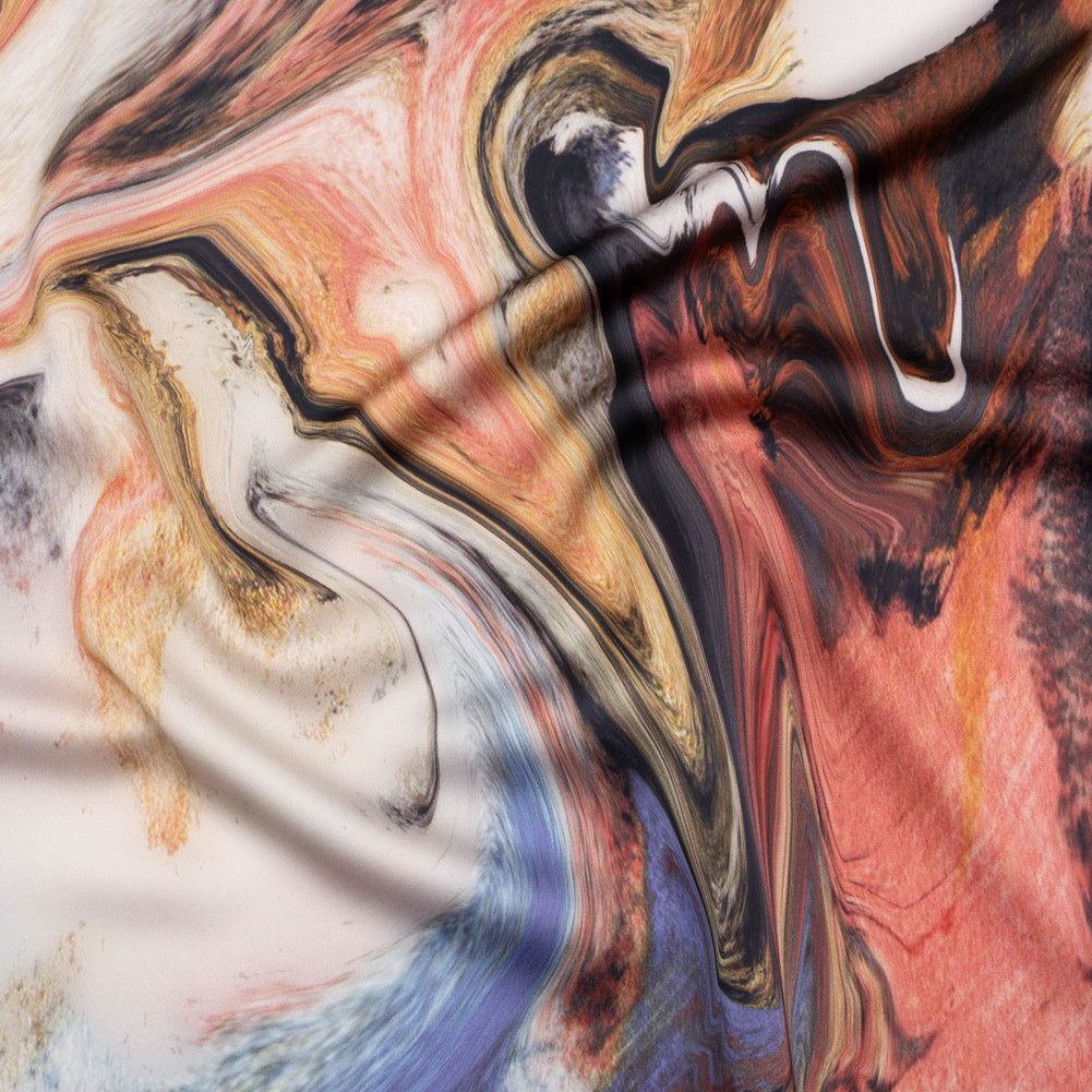 Polyester Satin - Madder Red, Blue and Pale Gray Earthy Swirls - Mood Exclusive Molten Moves Print - Joann Fabrics