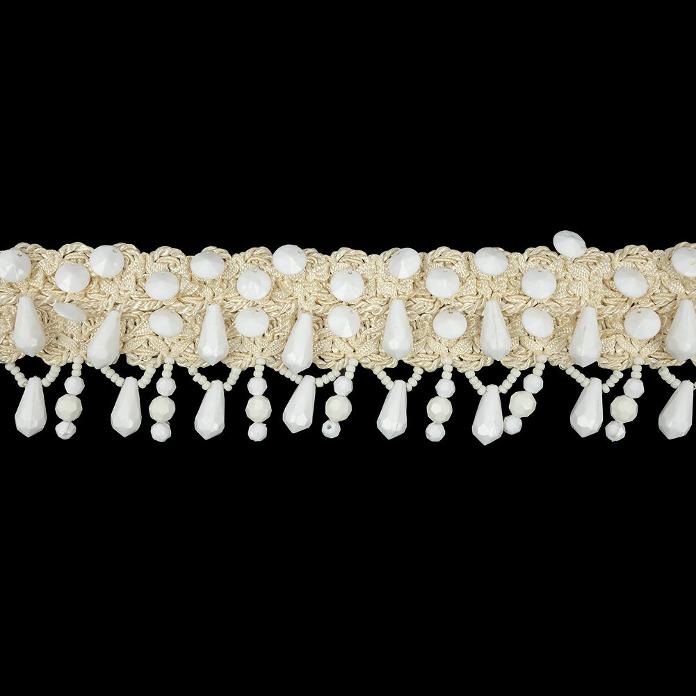 Vintage Ivory Ornate Braided Trim with White Beaded Fringe - 2.25