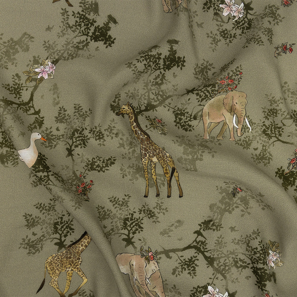 Sustainable Viscose Woven Print - Pale Green Savanna Animals and Trees - Mood Exclusive Serene Safari - Joann Fabrics
