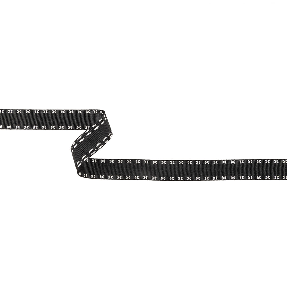 Black Onyx Grosgrain Ribbon with Blanc de Blanc Stitched Floral Borders - 0.625