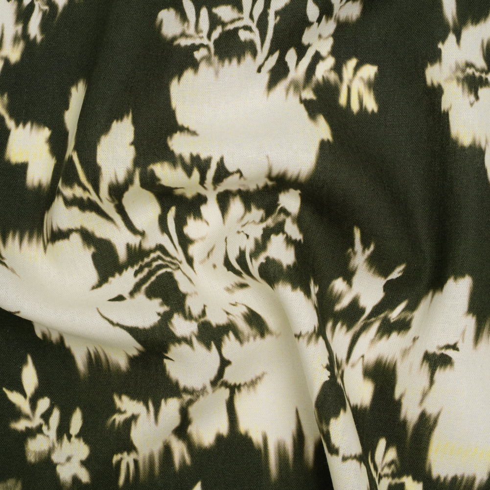 Linen and Rayon Woven - Forest Green and Off White Ikat-Like Floral Silhouettes - Mood Exclusive Dahlia Daydreams Print - Joann Fabrics