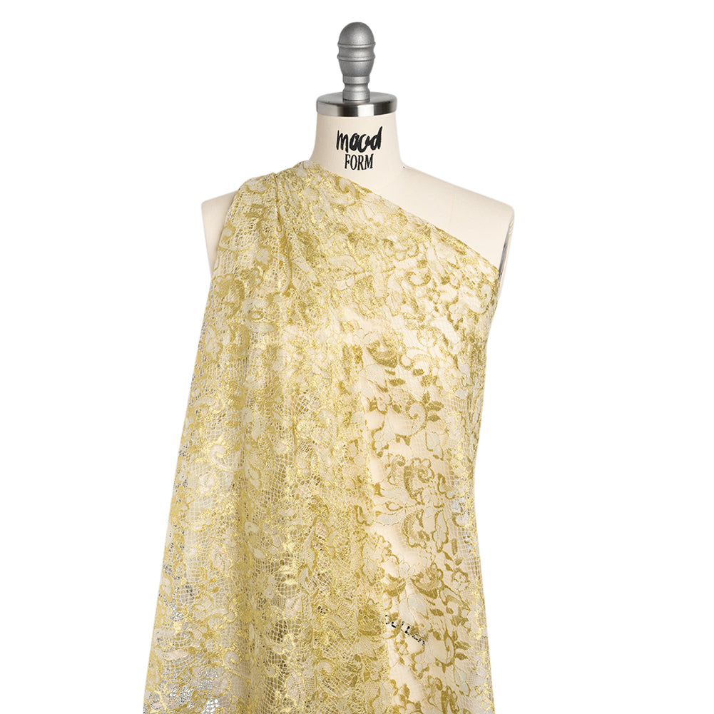 Metallic Viscose Blend Raschel Lace with Finished Edges - Ivory, Gold and Pink Florals and Curls - Joann Fabrics