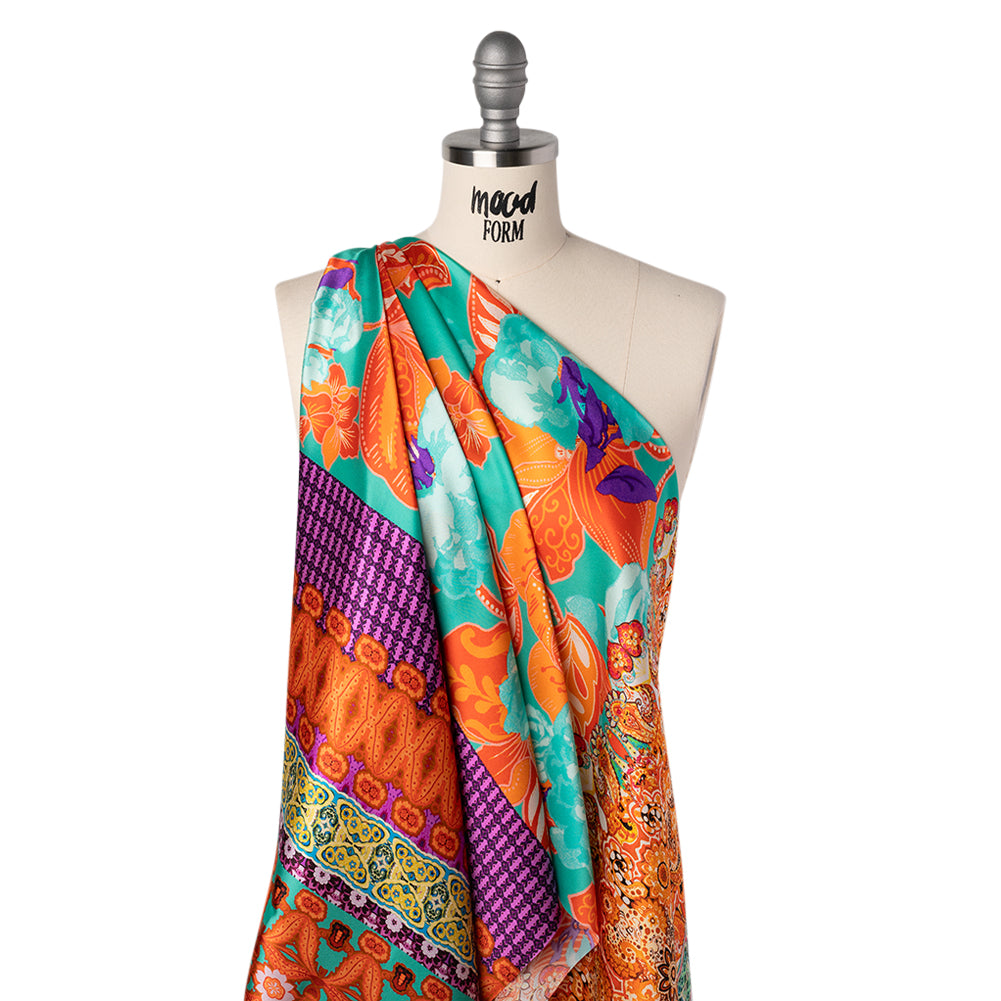 Silk Charmeuse Print 16MM, Made in Italy - Orange, Dark Mint and Purple Floral and Abstract Stripes - Joann Fabrics