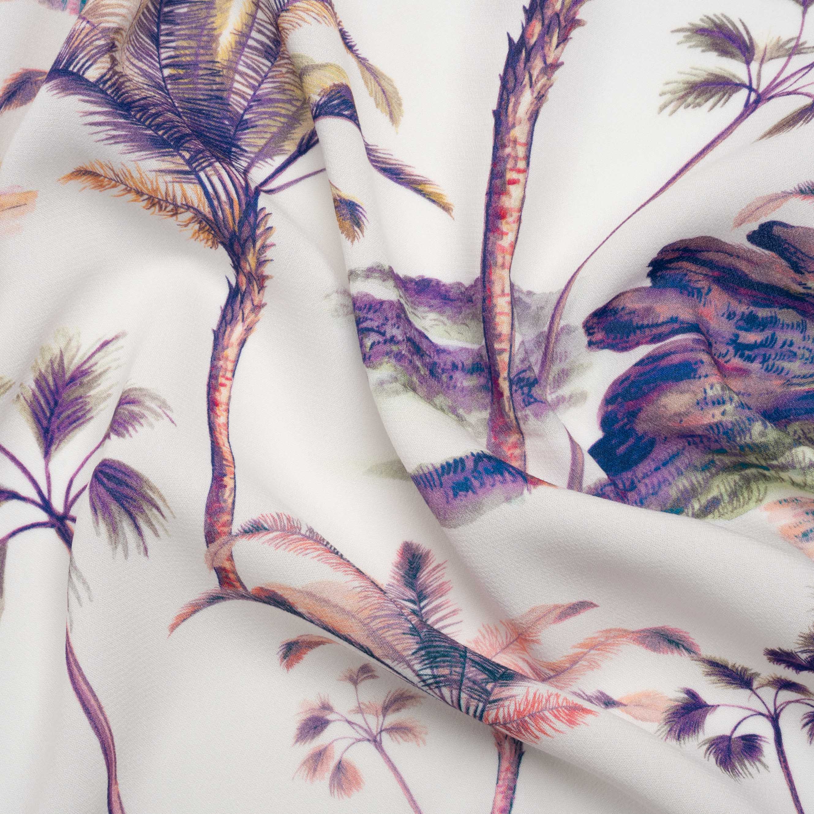 Viscose Crepe Print - Purple, Pink and White Palm Trees - Mood Exclusive Shore Thing - Joann Fabrics