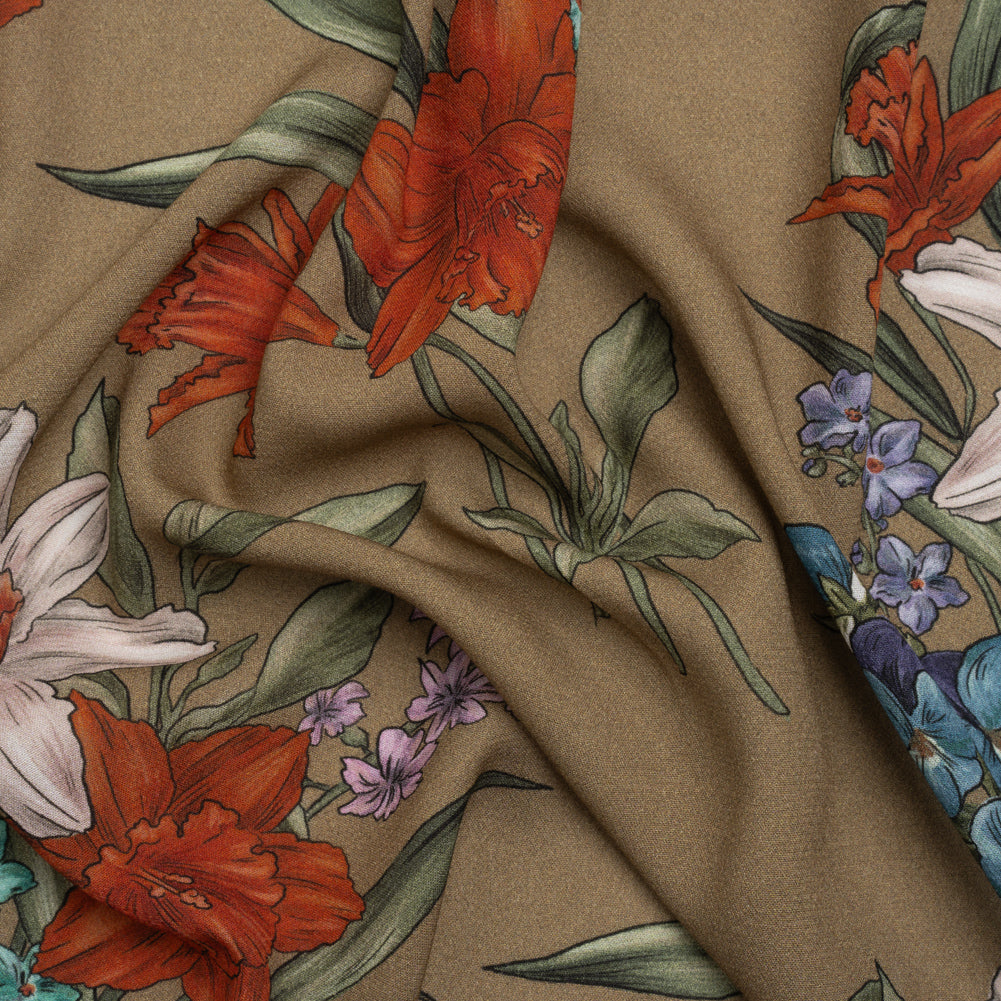 Viscose Crepe Print - Taupe, Red and Blue Floral - Mood Exclusive By the Plenty - Joann Fabrics