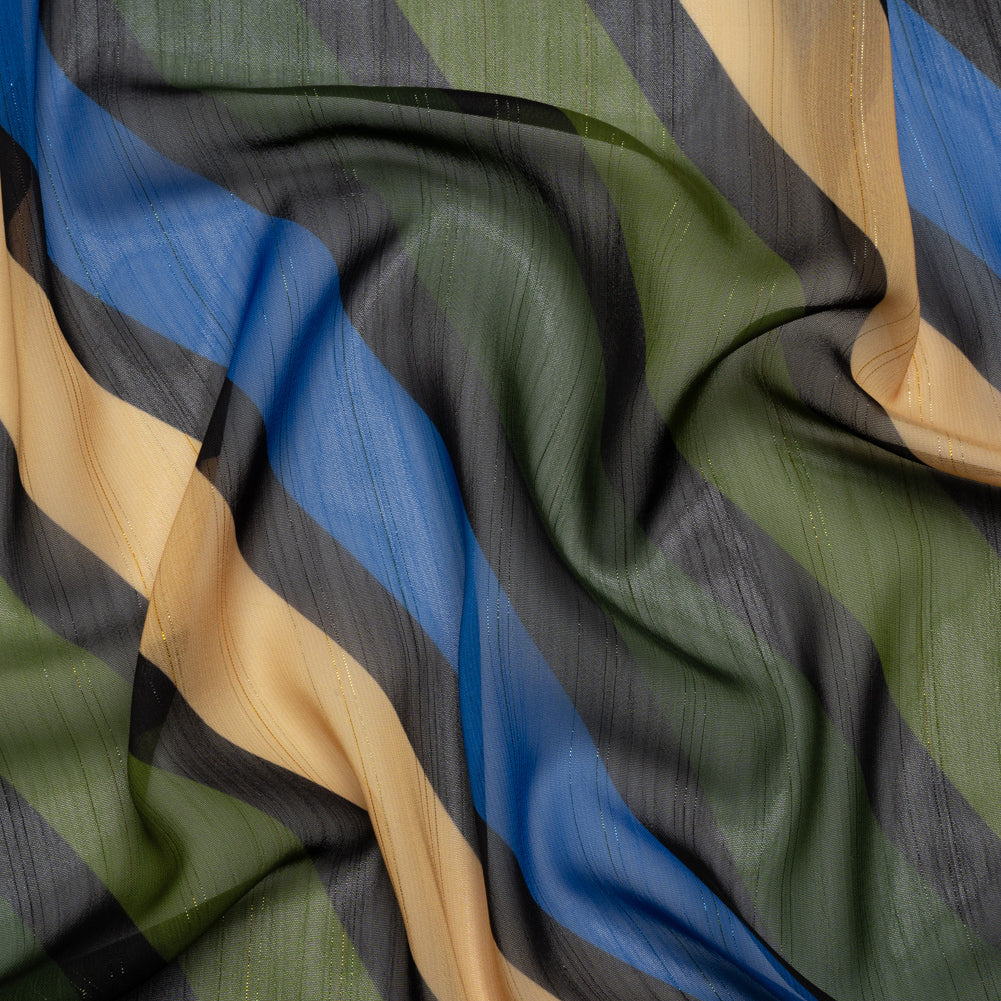 Polyester Chiffon Print with Metallic Pinstripes - Blue and Green Diagonal Stripes - Mood Exclusive Seemingly Slanted - Joann Fabrics