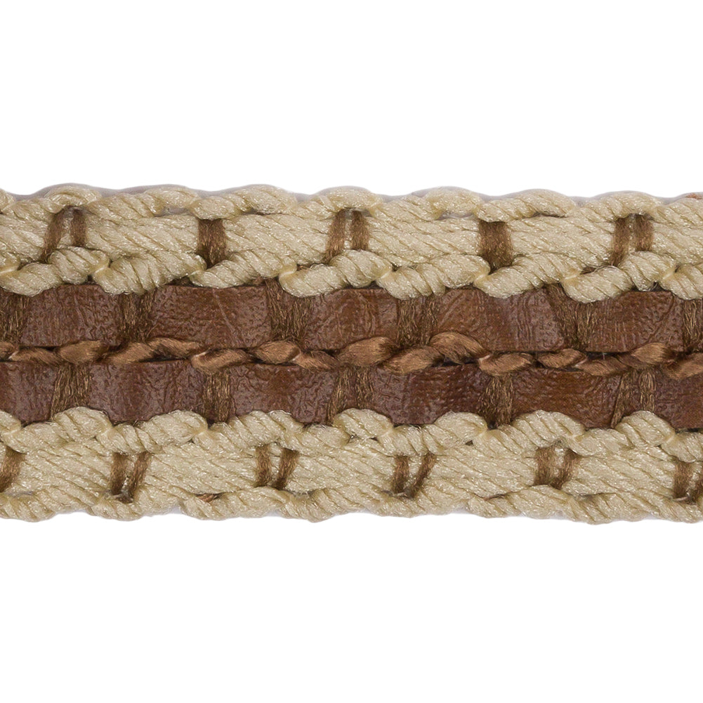 Famous NYC Designer Beige and Brown Faux Leather Stripe Basketwoven Trim - 1.25