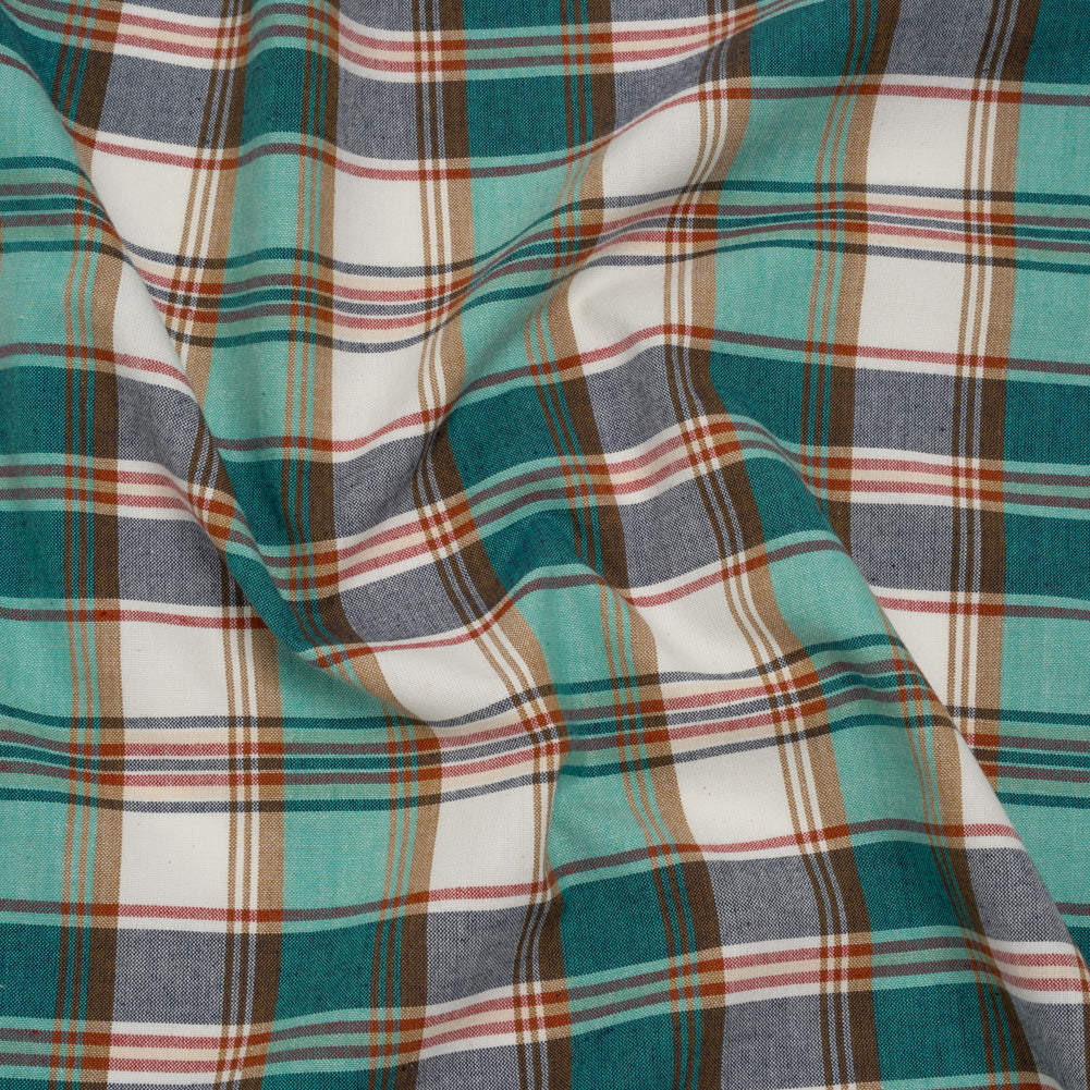 Brushed Cotton Shirting - Aqua Blue, Tan and Red Plaid - Deadstock - Joann Fabrics