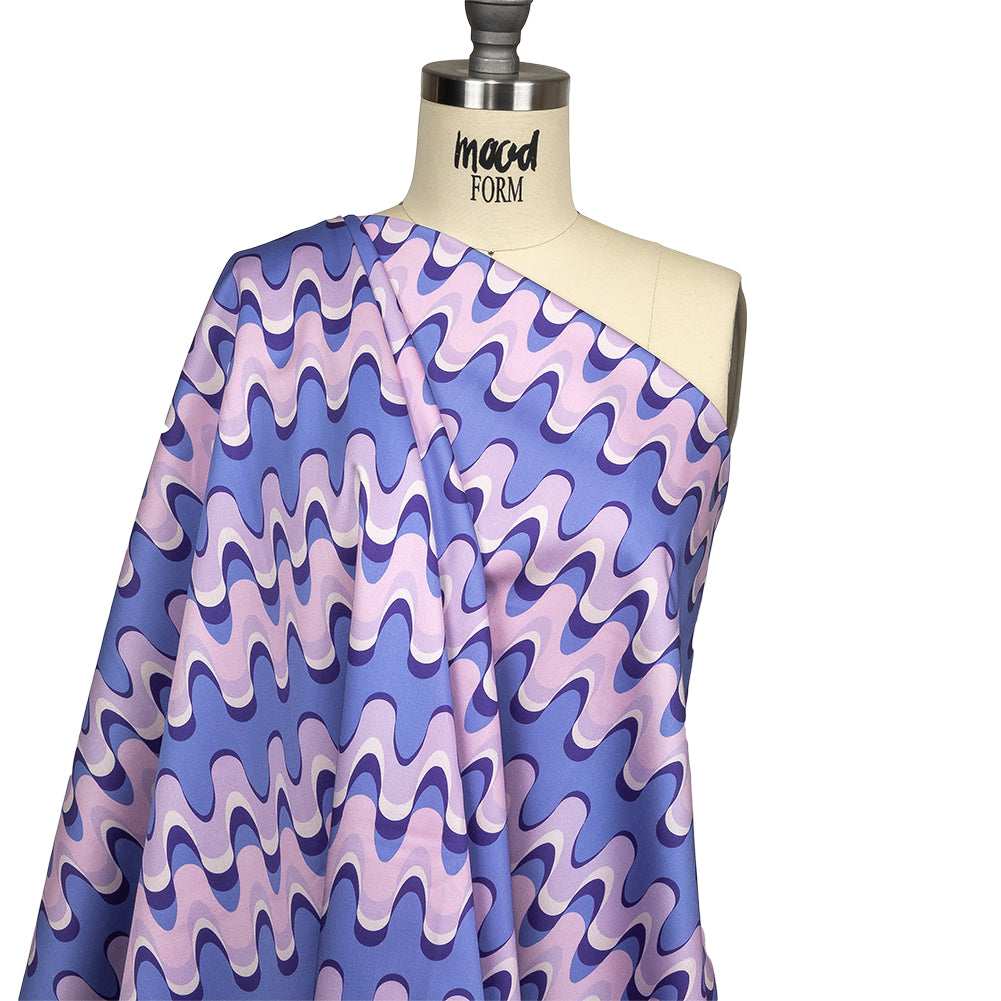 Stretch Cotton Sateen - Purple and Blue Bubbly Zig Zags - Blue Jay Waves Print - Mood Exclusive Indigo Collection - Joann Fabrics