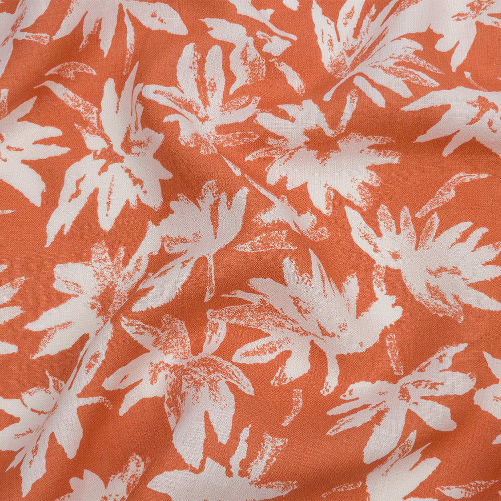 Deep Coral and White Leaf Impressions Lightweight Linen Woven - Joann Fabrics