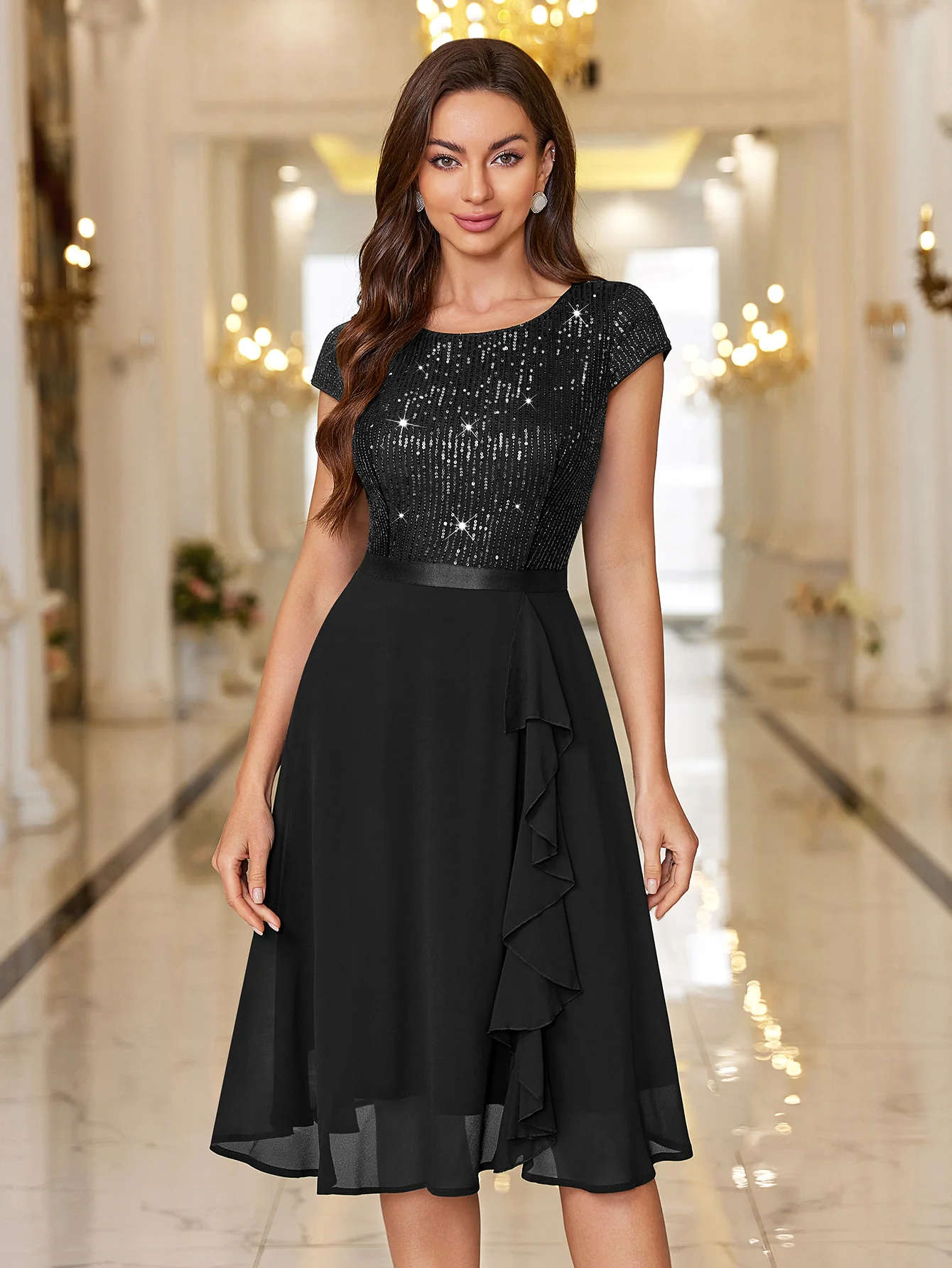Sequin Lace Ruffle Trim Chiffon Cocktail Party Swing Dress for Weddings, Proms & Formal Events