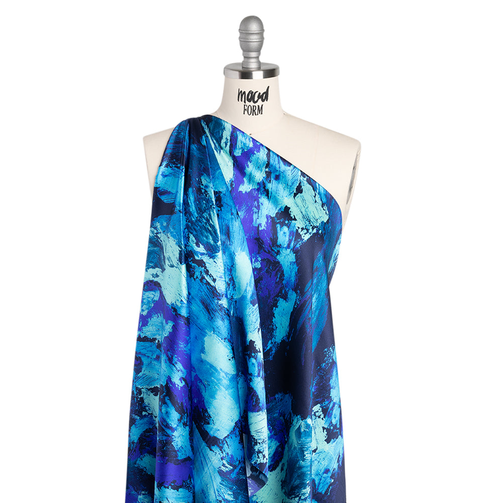 Silk Charmeuse Print 16MM, Made in Italy - Cobalt, Sky Blue and Teal Abstract Brushstrokes - Joann Fabrics