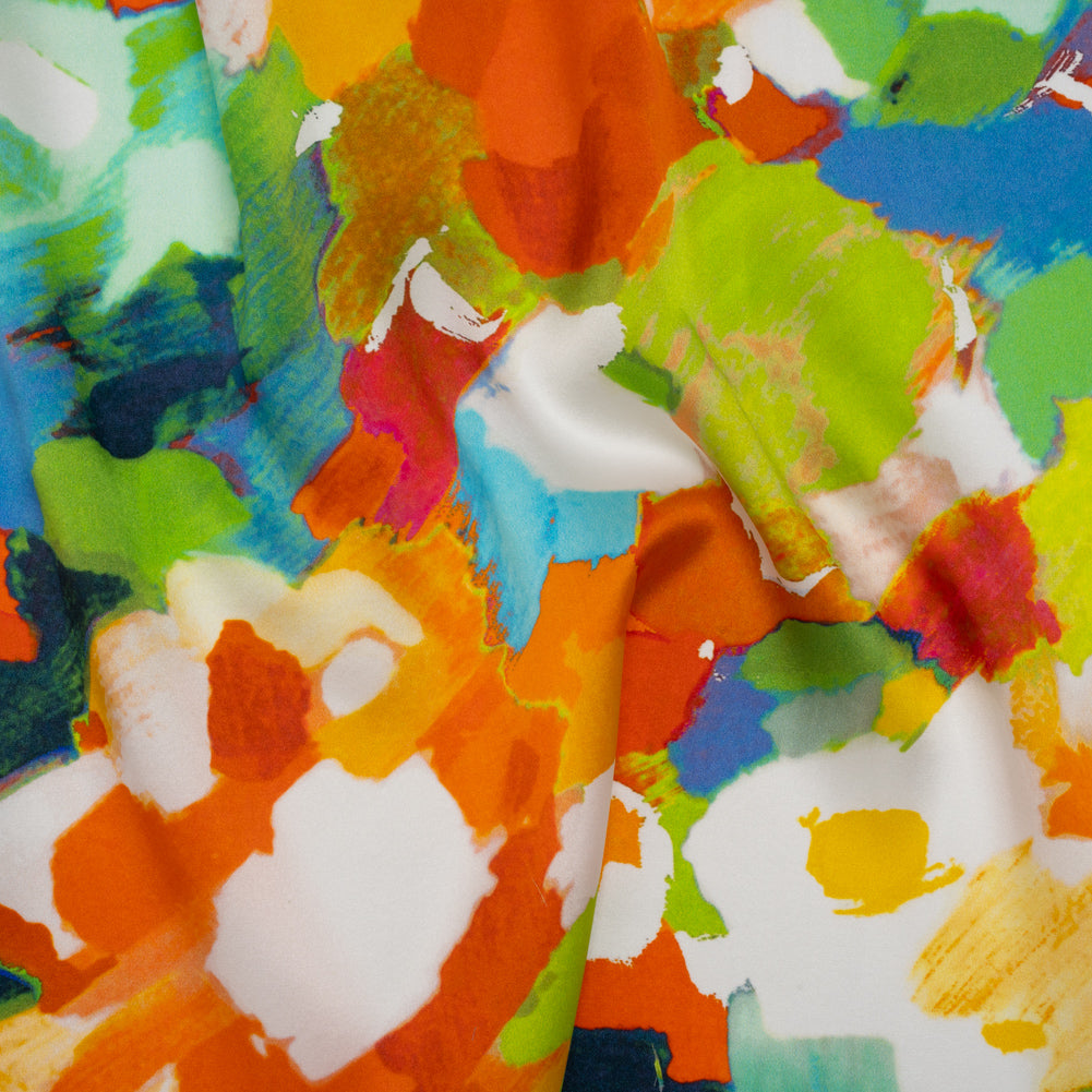 Silk Charmeuse Print 16MM, Made in Italy - Orange, Lime Green and Blue Painterly Abstract - Joann Fabrics
