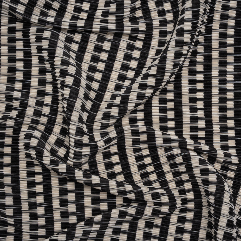 Fine Pleated Polyester Satin - Black and Cream Geometric Stripes - Designer Deadstock - Joann Fabrics