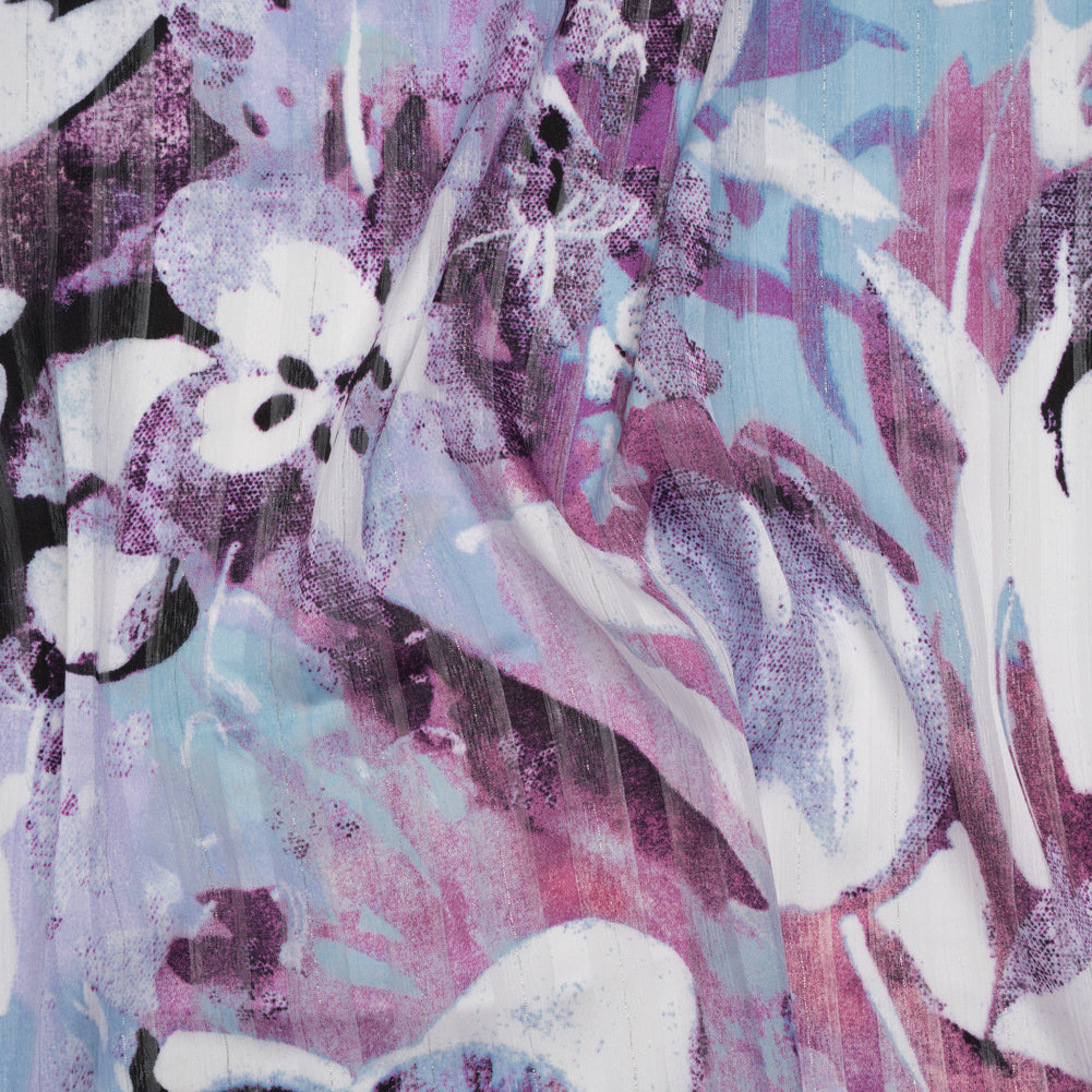 Polyester Satin-Striped Dobby with Metallic Pinstripes - Lavender, Sky Blue and Rose Abstract Florals - Designer Deadstock - Joann Fabrics