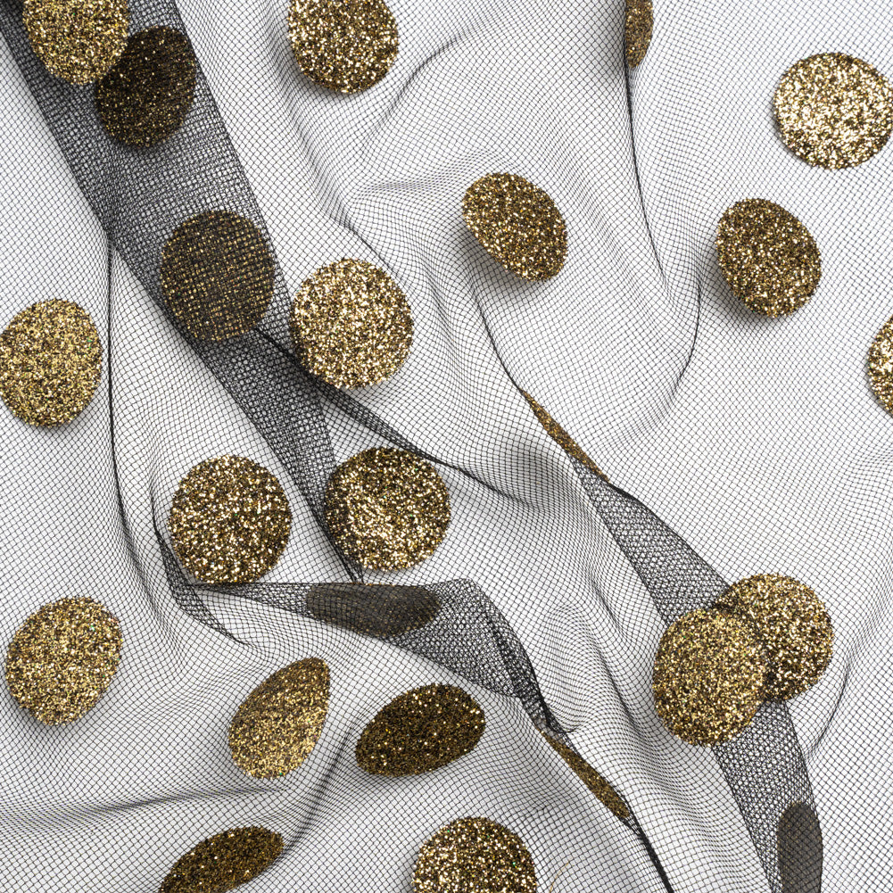 Famous Australian Designer Black and Gold Glitter Polka Dots Tulle - Joann Fabrics