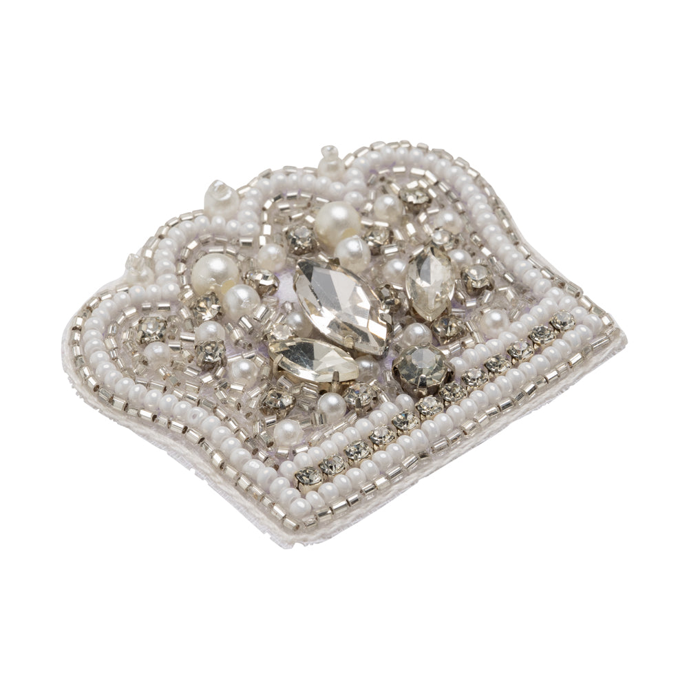White and Silver Pearled Crown Rhinestone and Glass Beaded Applique - 1.625