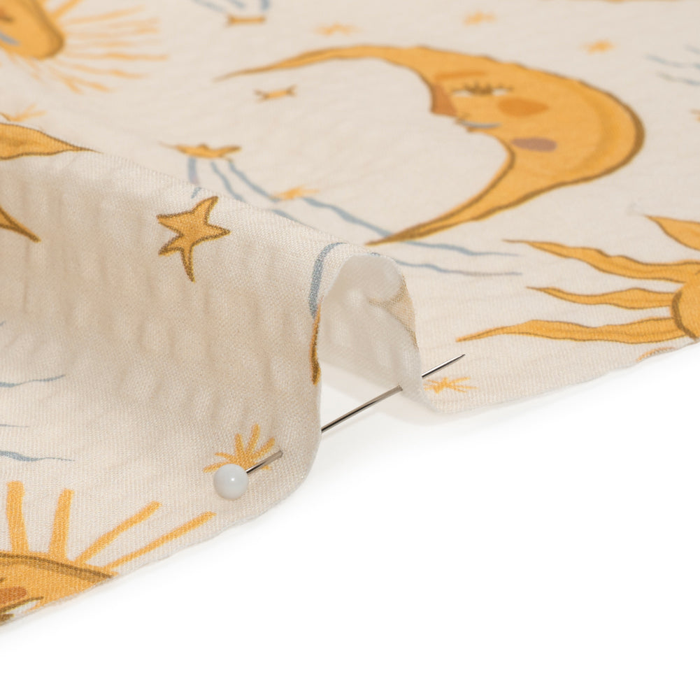 Cotton and Viscose Striped Seersucker Print - Cream Suns and Moons - Mood Exclusive Friendly Faces - Joann Fabrics