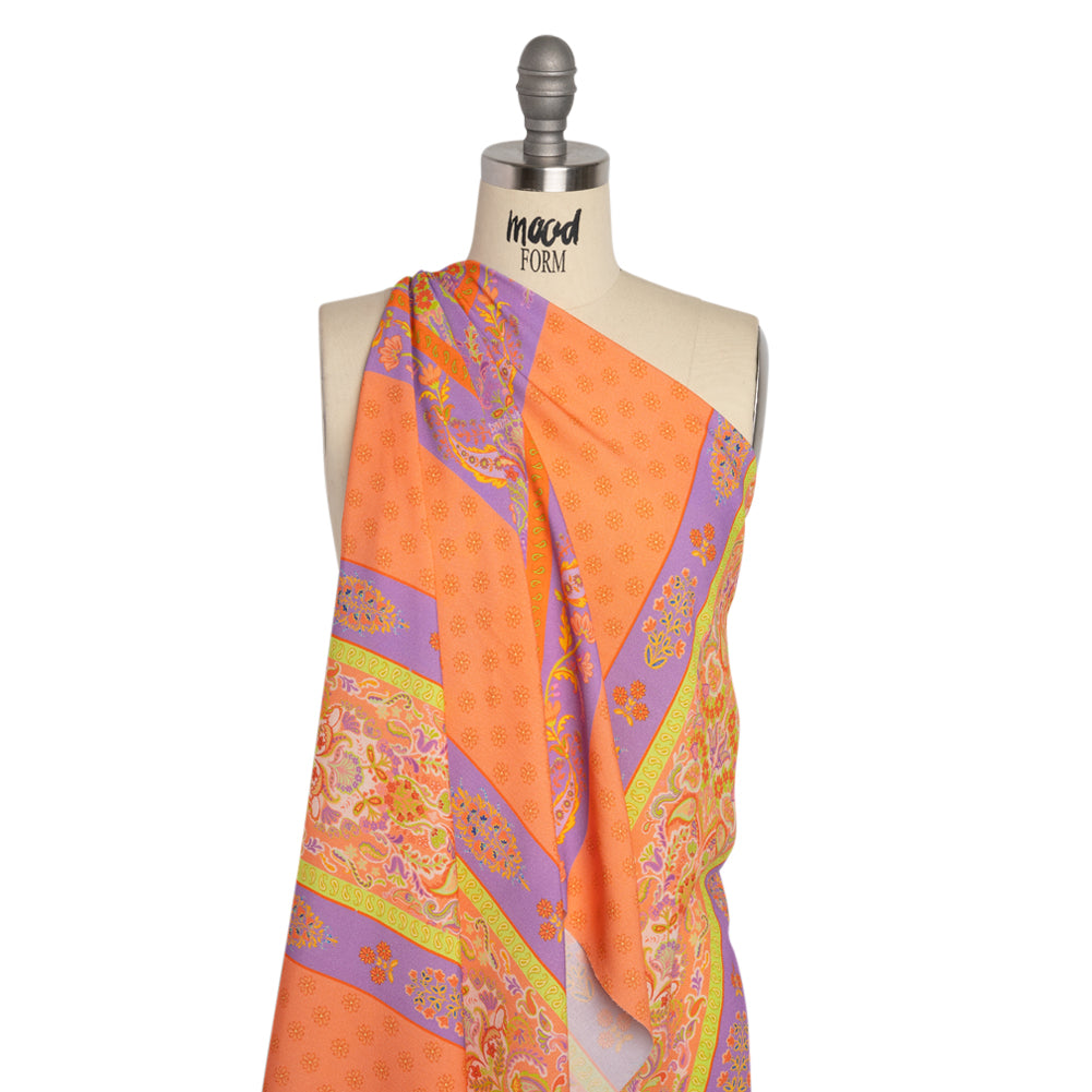Viscose Crepe Print - Orange, Purple and Lime Green Floral Stripes - Mood Exclusive Spring Fling - Joann Fabrics