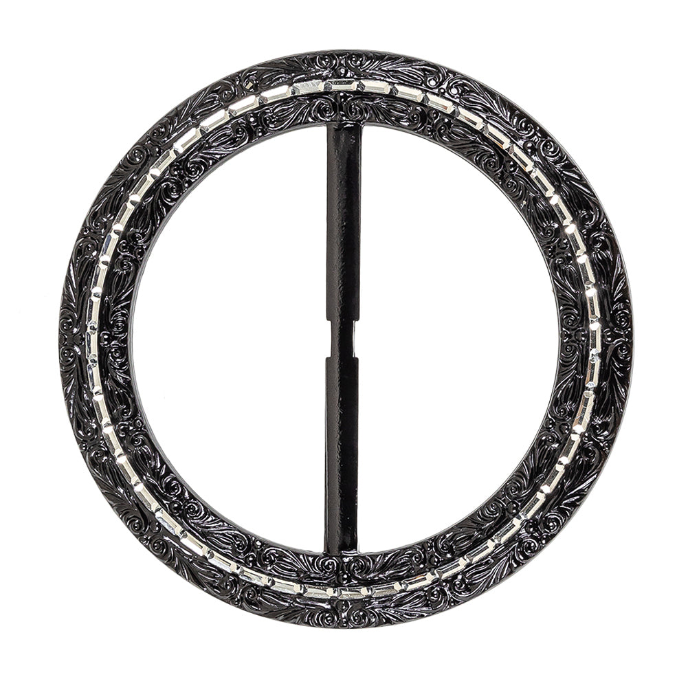 Vintage Black Classical Swirls Round Slider with Faceted Silver Band - 3.25