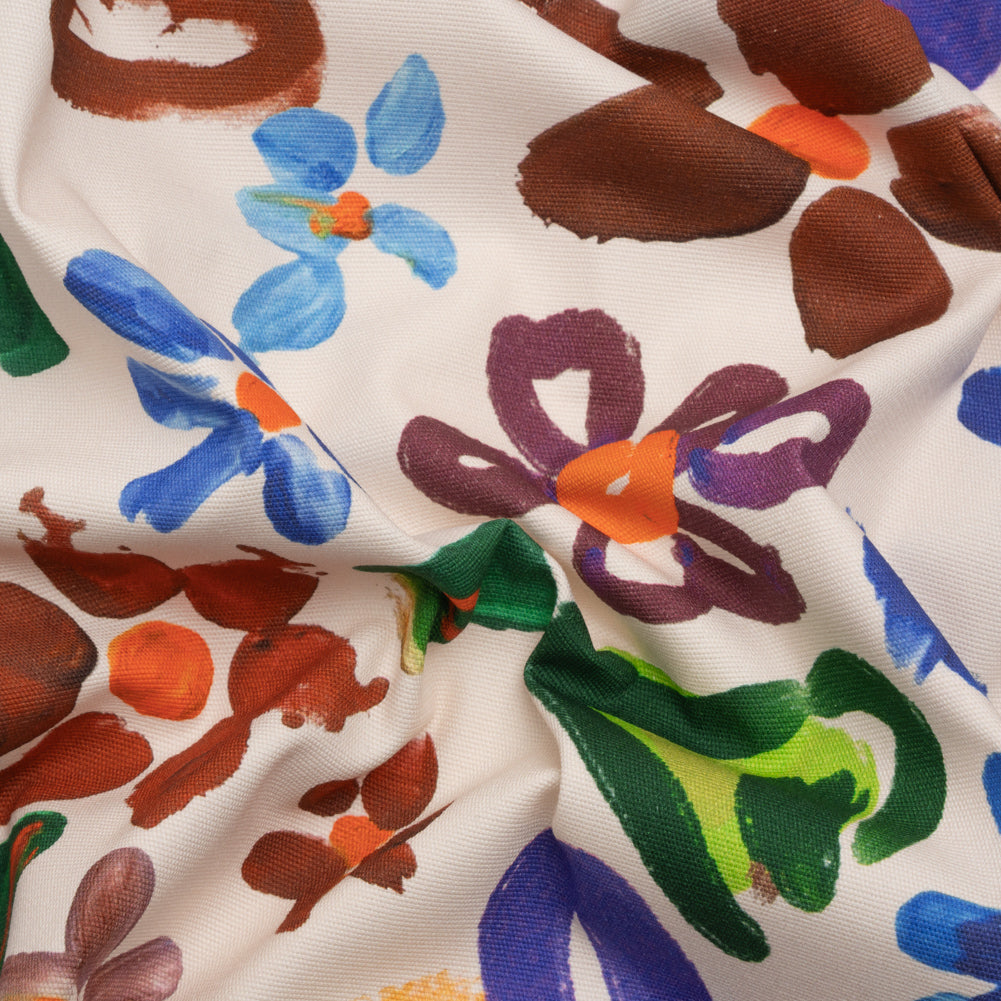 Stretch Cotton Canvas Print - White, Blue and Green Painterly Floral - Mood Exclusive Fingerpainted Flowers - Joann Fabrics